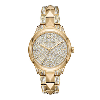 Michael Kors Runway Mercer gold women's watch with crystal-paved dial and matching gold bracelet