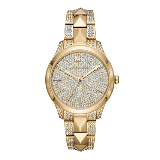 Michael Kors Runway Mercer gold women's watch with crystal-paved dial and matching gold bracelet