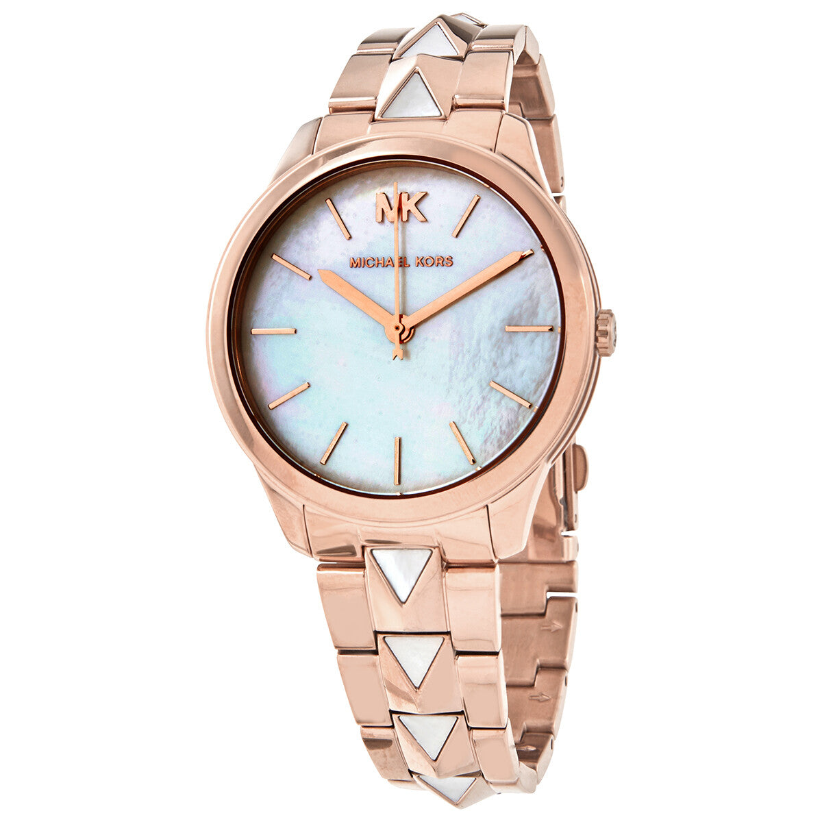 Michael Kors Runway Mercer dameshorloge met witte parelmoeren wijzerplaat en roségouden accenten - MK6671 Hoofdafbeelding