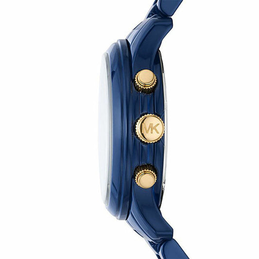 Michael Kors Runway MK7332 watch side view showing navy case with gold-tone crown and pushers