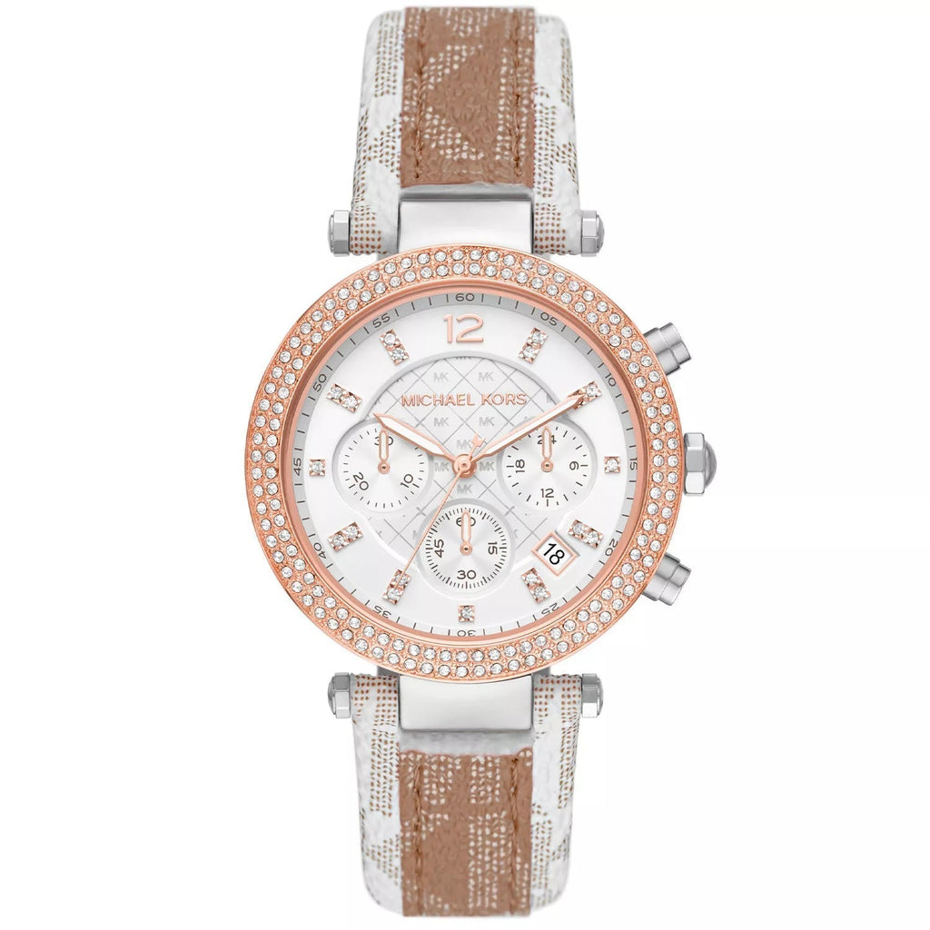 Michael Kors Parker Pavé Two-tone Signature-Print PVC and Leather Strap Women's Watch - MK6950