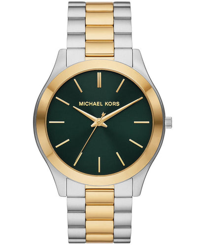 Michael Kors Slim Runway quartz watch, front view with green dial and mixed metal bracelet