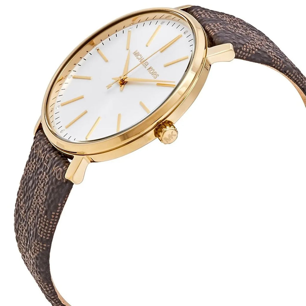 Michael Kors Pyper White Dial Brown Coated Canvas Strap Women's Watch - MK2857
