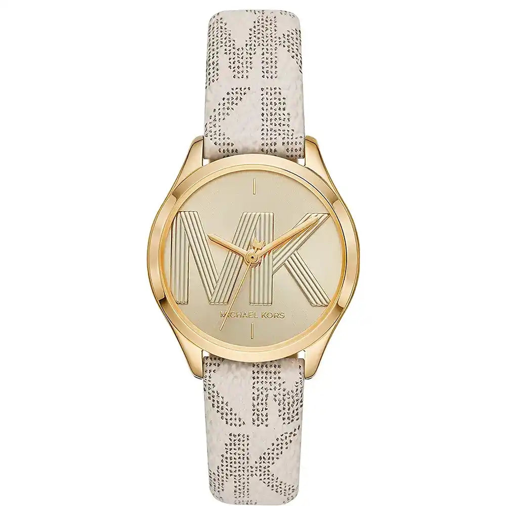 Michael Kors Mini Jaycie Dameshorloge met gouden wijzerplaat en beige gecoate canvas band - MK2861 Hoofdafbeelding