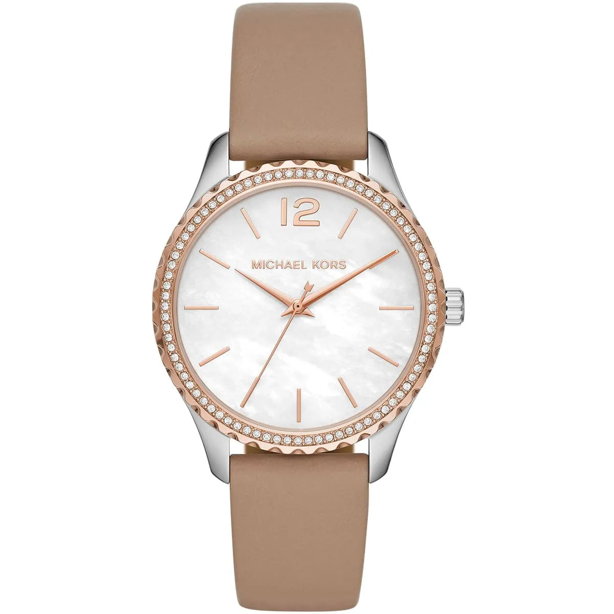 Michael Kors Layton dameshorloge met witte parelmoeren wijzerplaat en beige echt lederen band - MK2910 Hoofdafbeelding