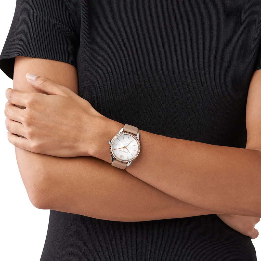 Michael Kors Layton White MOP Dial Beige Genuine Leather Women's Watch - MK2910
