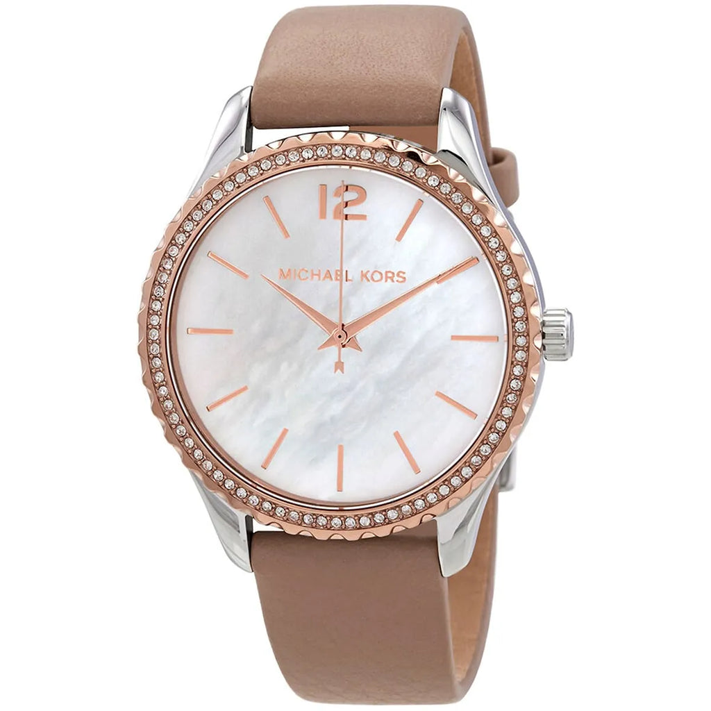 Michael Kors Layton White MOP Dial Beige Genuine Leather Women's Watch - MK2910