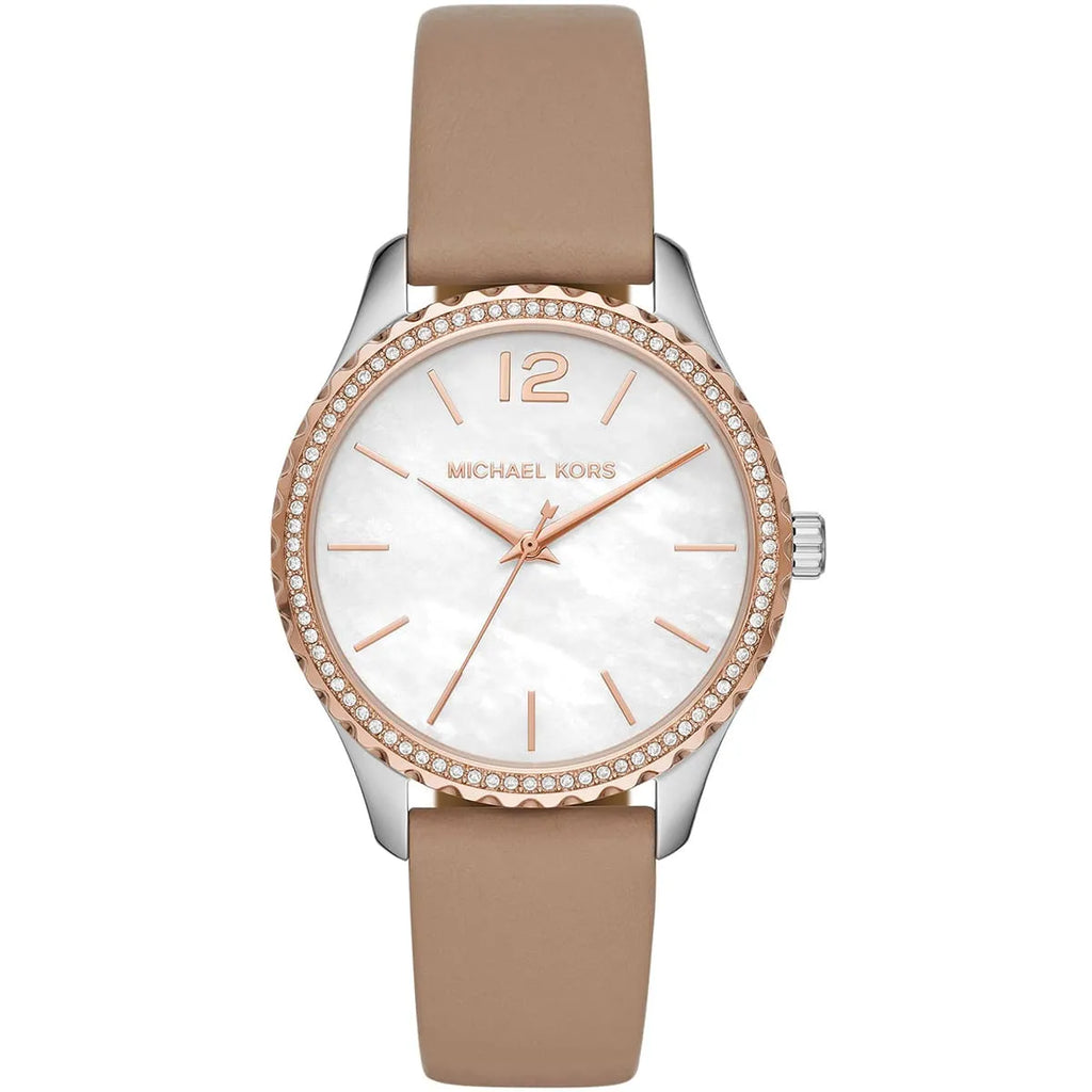 Michael Kors Layton White MOP Dial Beige Genuine Leather Women's Watch - MK2910