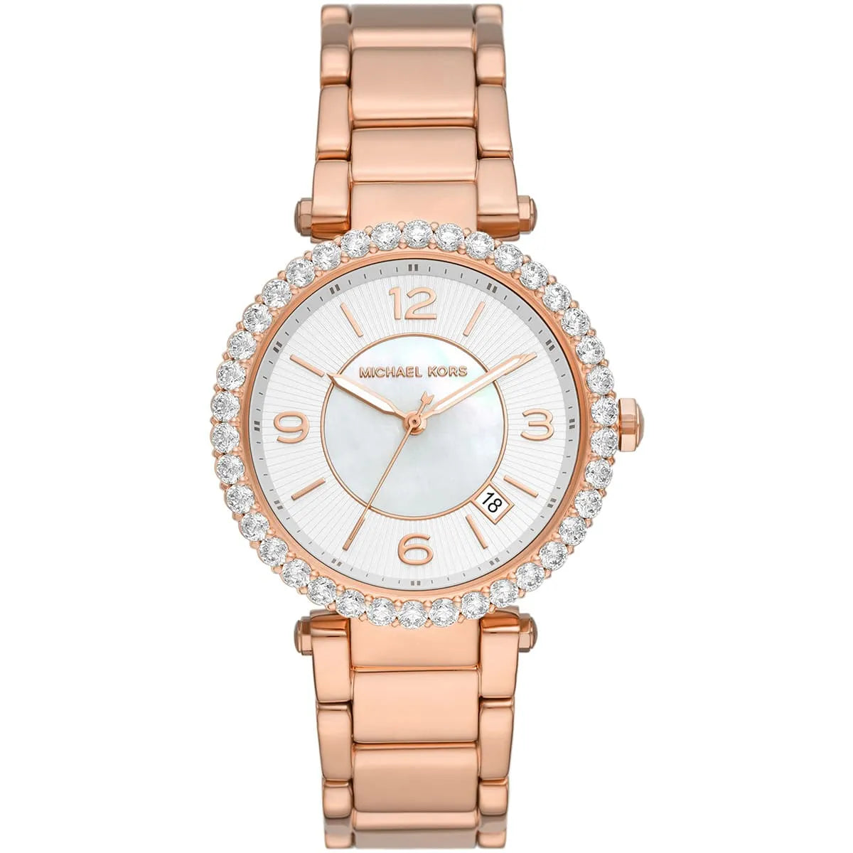 Michael Kors Parker dameshorloge met drie wijzers, witte parelmoeren wijzerplaat en roségouden afwerking - MK4695 Hoofdafbeelding