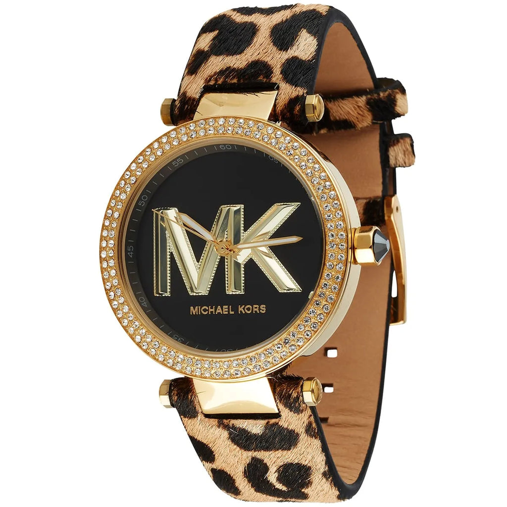 Michael Kors Parker Pavé Gold Bezel Brown/Black Genuine Leather Women's Watch - MK4723