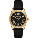 Michael Kors Lexington Three-Hand Gold and Black Genuine Leather Women's Watch - MK4748
