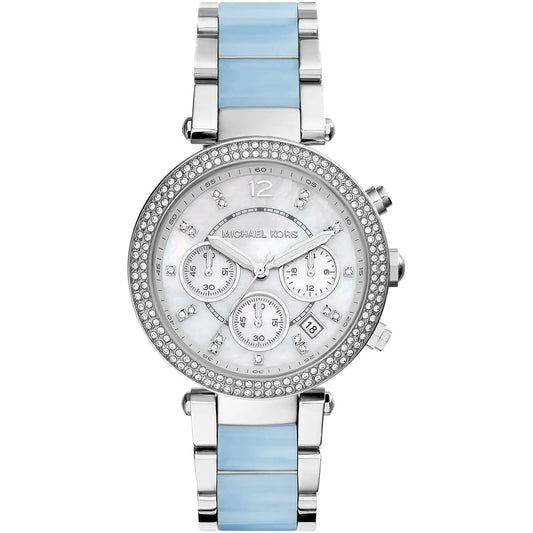 Michael Kors Parker 39mm White Dial Silver-Tone and Blue Acetate Women's Watch MK6138