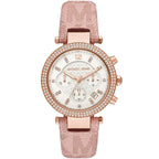Michael Kors Parker Pavé Chronograph White Dial Rose Gold Genuine Leather Women's Watch - MK6935