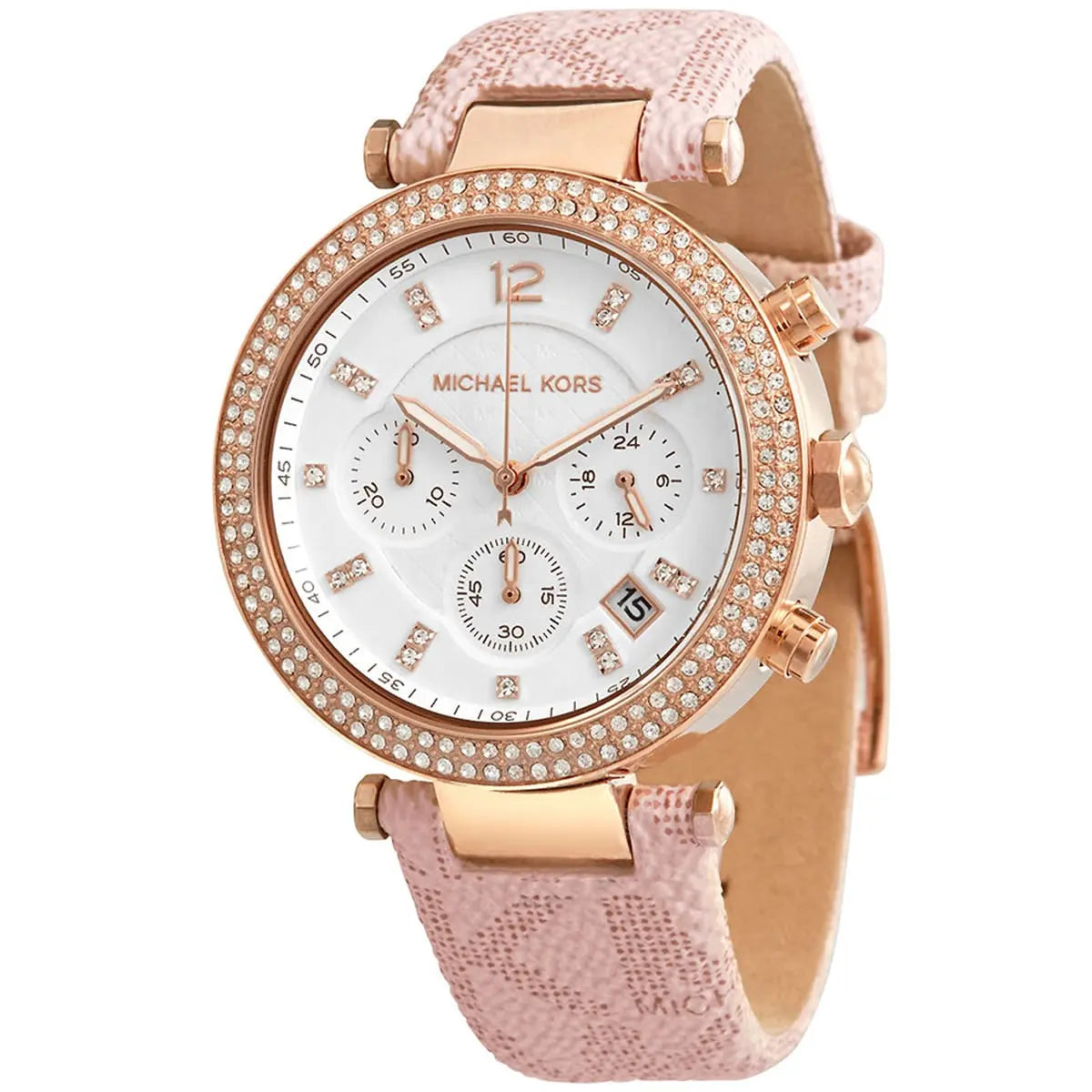 Michael Kors Parker Pavé Chronograph White Dial Rose Gold Genuine Leather Women's Watch - MK6935 Secundaire afbeelding