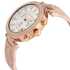Michael Kors Parker Pavé Chronograph White Dial Rose Gold Genuine Leather Women's Watch - MK6935