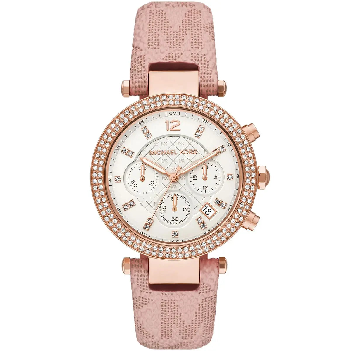Michael Kors Parker Pavé Chronograph White Dial Rose Gold Genuine Leather Women's Watch - MK6935 Hoofdafbeelding