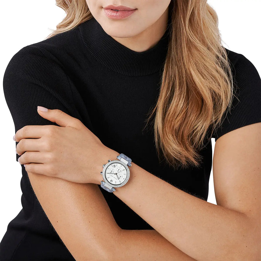 Michael Kors Parker Chronograph White Dial Blue Genuine Leather Women's Watch - MK6936