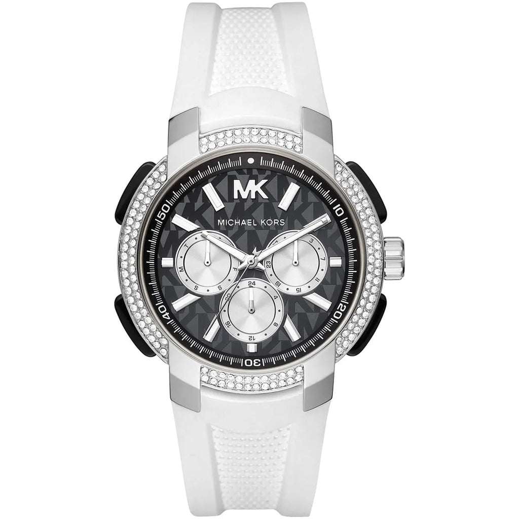 Michael Kors Sidney Multifunction Black Dial White Silicone Strap Women's Watch - MK6947