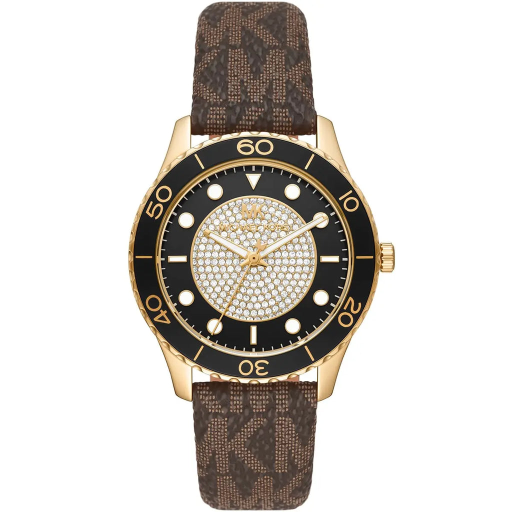Michael Kors Runway Dive dameshorloge met pavé wijzerplaat, bruin gecoat canvas - MK6979