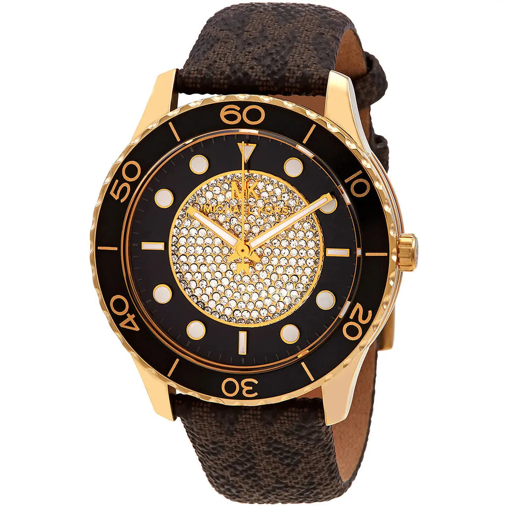 Michael Kors Runway Dive dameshorloge met pavé wijzerplaat, bruin gecoat canvas - MK6979