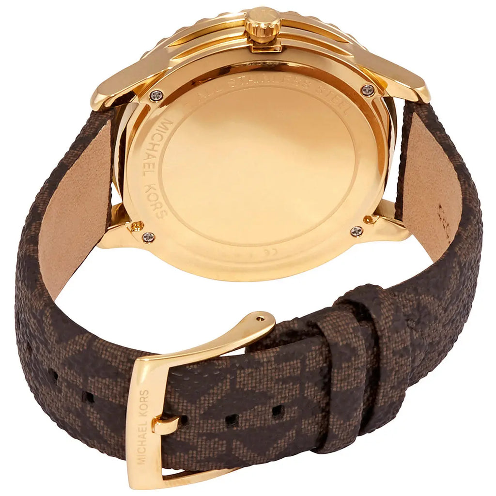 Michael Kors Runway Dive dameshorloge met pavé wijzerplaat, bruin gecoat canvas - MK6979