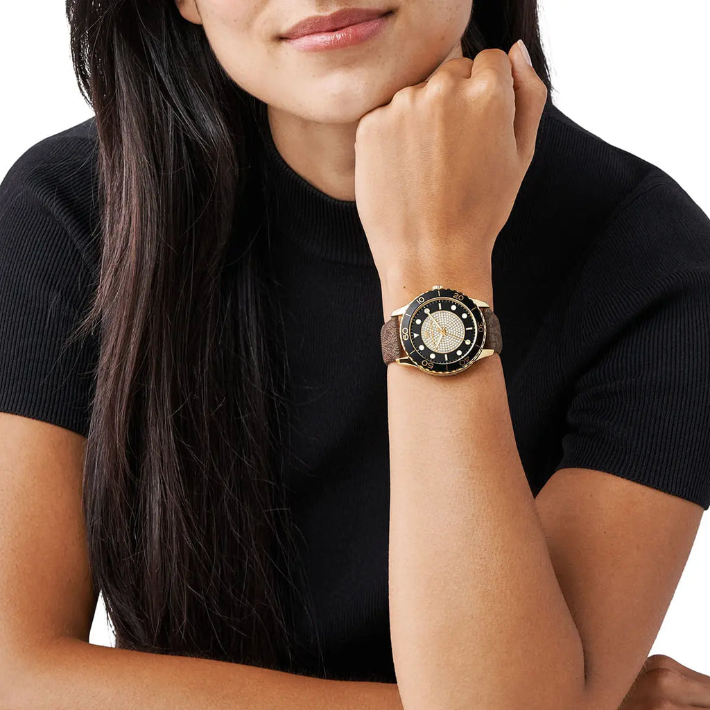 Michael Kors Runway Dive dameshorloge met pavé wijzerplaat, bruin gecoat canvas - MK6979
