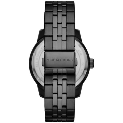 Back view of Michael Kors Cunningham MK7157 showing transparent caseback and stainless steel bracelet