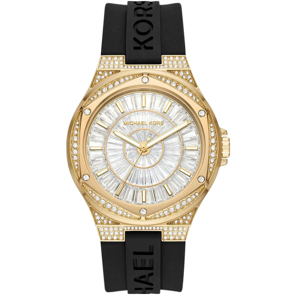 Michael Kors Lennox Baguette dameshorloge met wijzerplaat bezet met steentjes en zwarte siliconen band - MK7247 Hoofdafbeelding