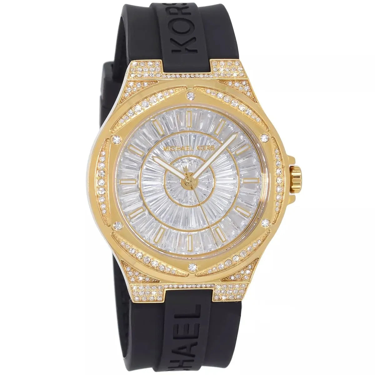 Michael Kors Lennox Baguette dameshorloge met wijzerplaat bezet met steentjes en zwarte siliconen band - MK7247 Secundaire afbeelding