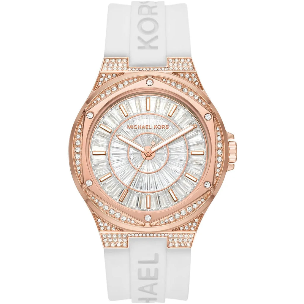 Michael Kors Oversized Lennox Pavé Rose Gold-Tone and White Silicone Watch - MK7248