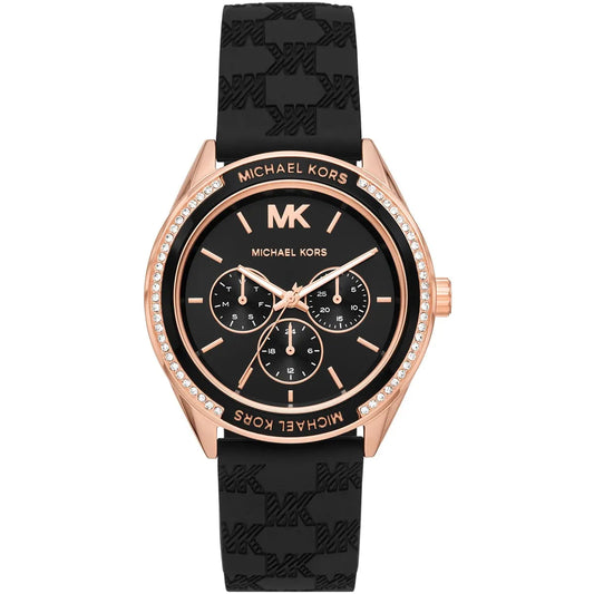 Michael Kors Jessa MK7266 multifunction watch with black dial, rose gold case, and black silicone strap