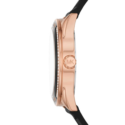 Side view of Michael Kors Jessa MK7266 watch showing rose gold case profile and black strap