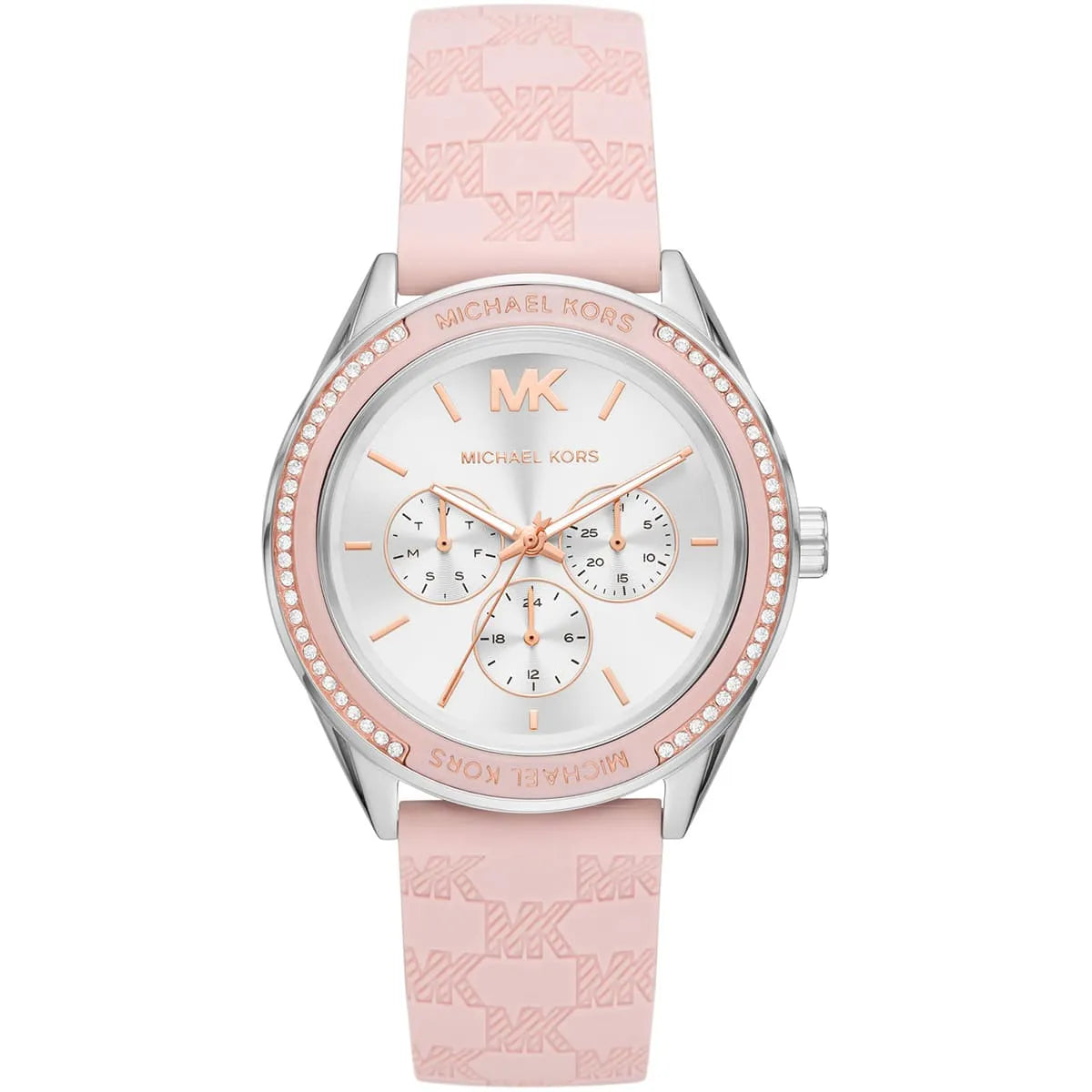 Michael Kors Oversized Jessa Multifunctioneel Dameshorloge met Zilveren Wijzerplaat met Zonnestraalmotief en Roze Siliconen Band - MK7268 Hoofdafbeelding