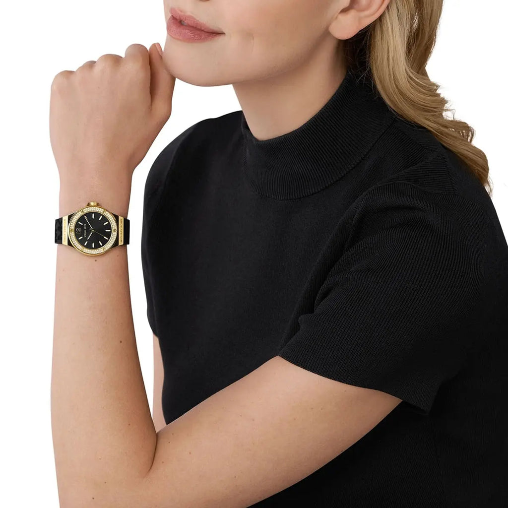 Michael Kors Lennox dameshorloge met zwart siliconen logo - MK7281