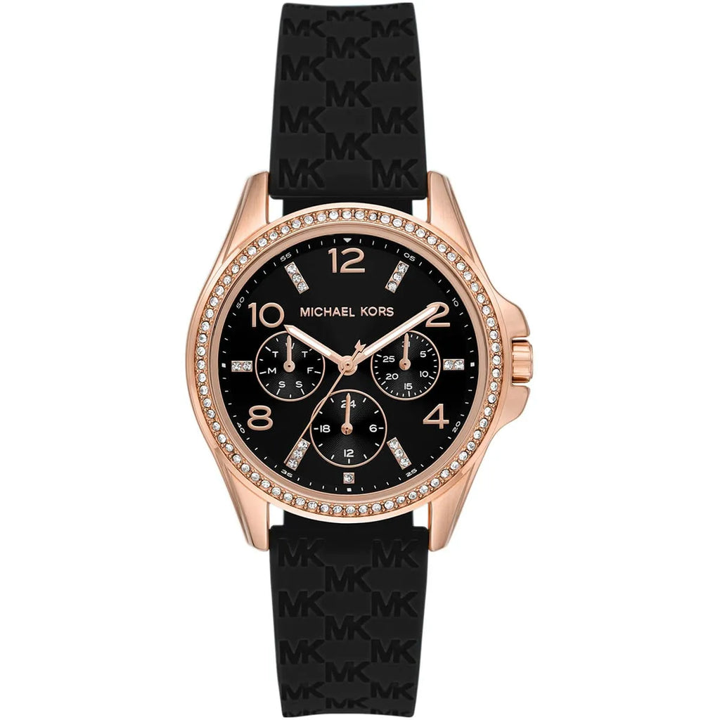 Michael Kors Mini Pilot Pavé Rose Gold Black Silicone Women's Watch - MK7373