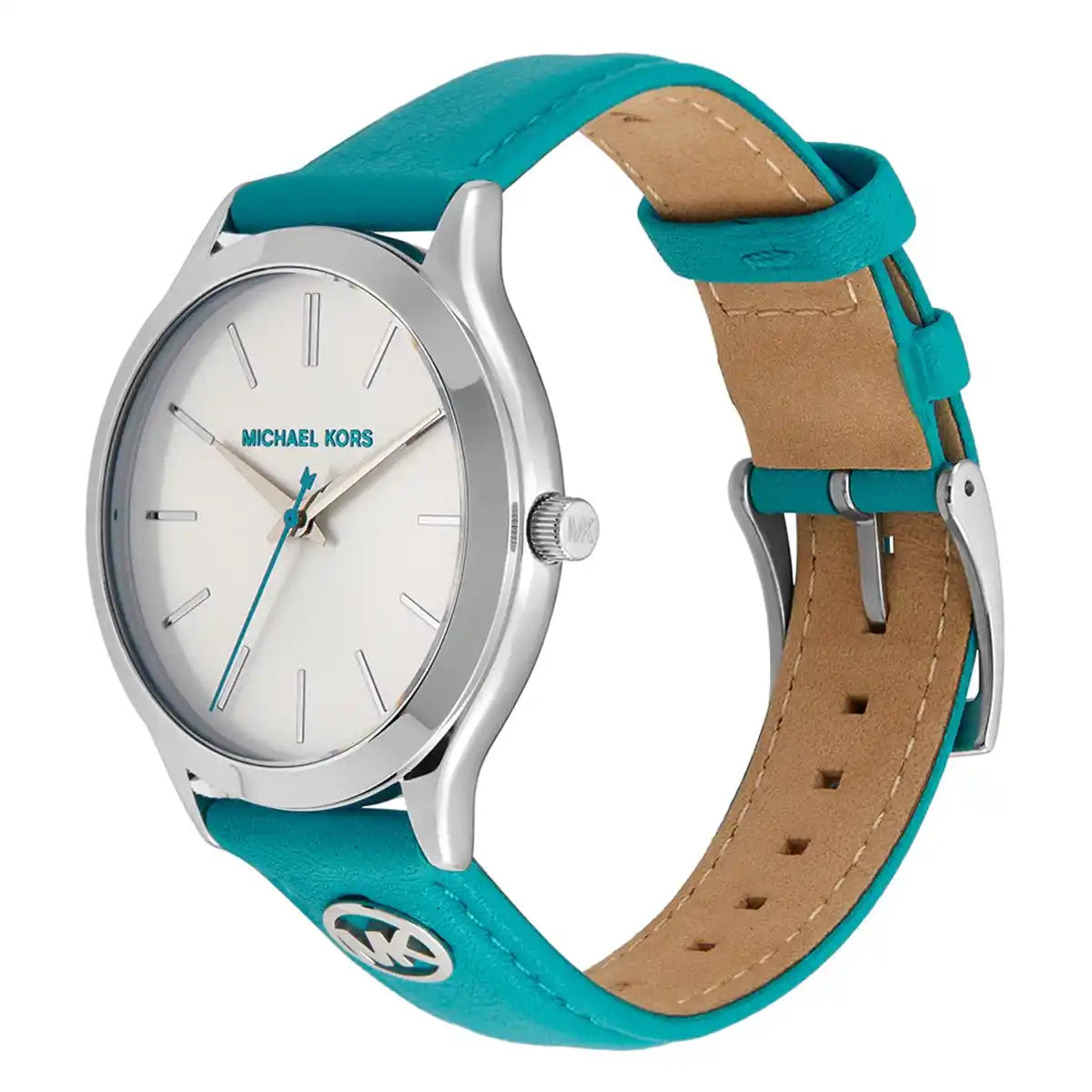 Michael Kors Slim Runway dameshorloge met witte wijzerplaat en Santorini blauwe band van echt leer - MK7470 Secundaire afbeelding