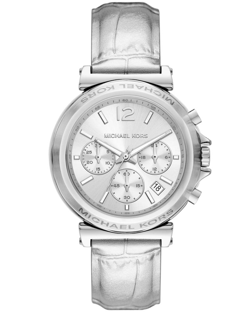 Michael Kors Maren Chronograaf Dameshorloge met Zilveren Wijzerplaat en Echt Lederen Band - MK7509 Hoofdafbeelding