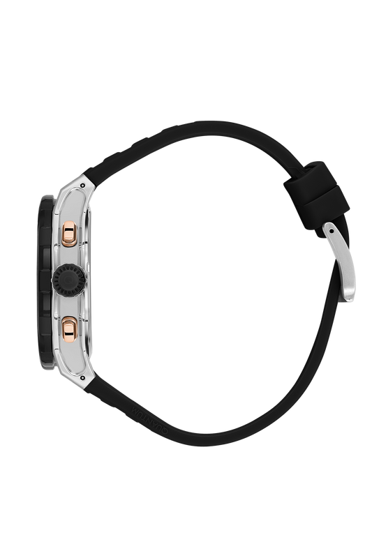 Quantum Hunter chronograph watch side view showing black rubber strap and stainless steel case