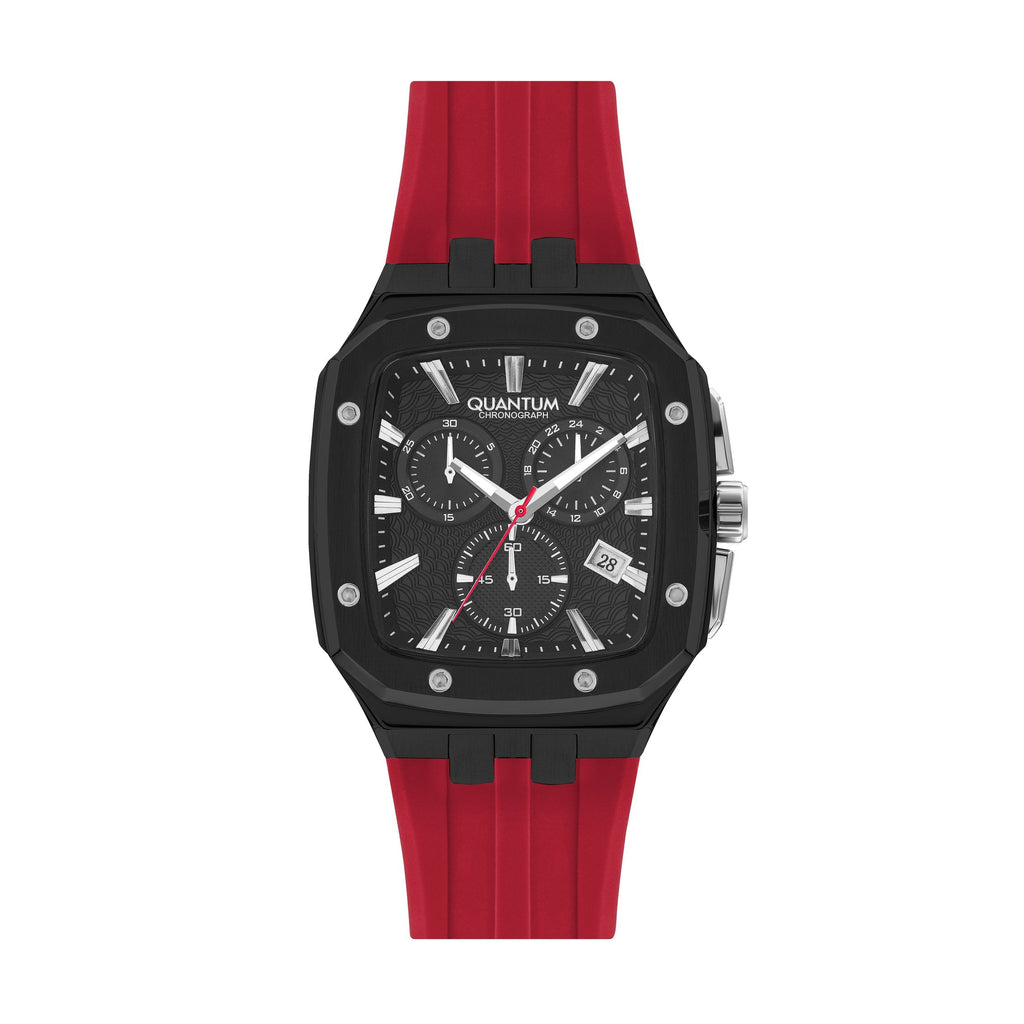 Quantum Chronograph Black Dial Red Strap Square Watch HNG1033.658