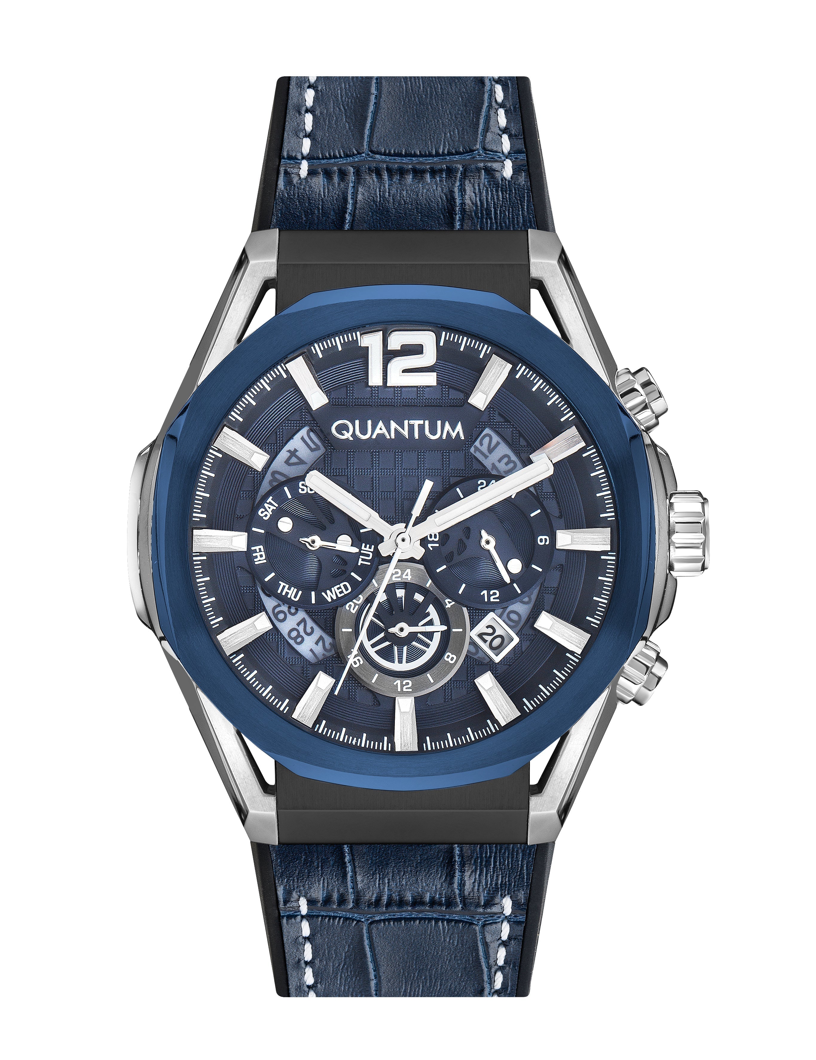 Quantum Powertech Blue Dial Blue Leather Chronograph Silver Case Watch PWG970.699 Hoofdafbeelding