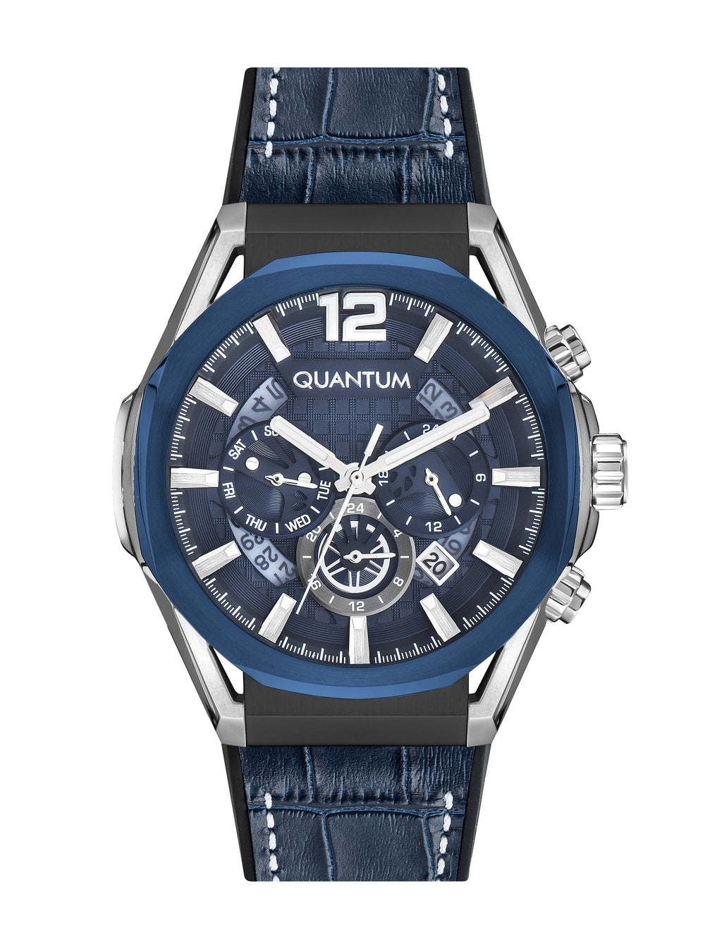 Quantum Powertech Blue Dial Blue Leather Chronograph Silver Case Watch PWG970.699