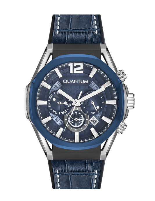 Quantum Powertech blue dial chronograph watch with silver case, blue leather strap, and visible subdials