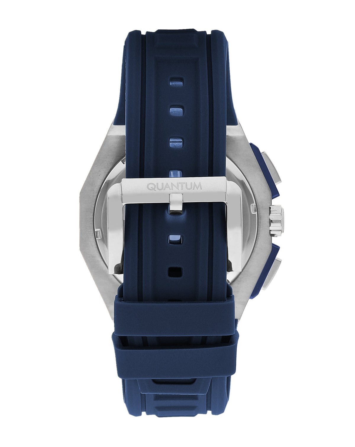 Quantum PWG1078 watch caseback displaying navy strap and silver case back
