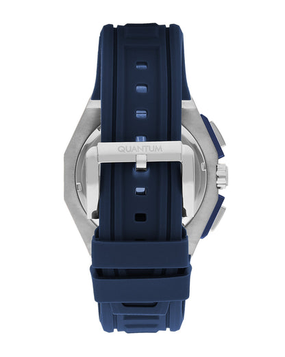 Quantum PWG1078 watch caseback displaying navy strap and silver case back