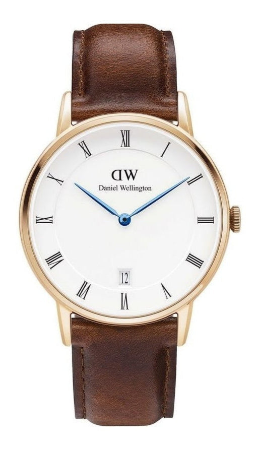 Daniel Wellington Dapper St Mawes 38mm White Dial Brown Genuine Leather Gold Date Watch - DW00100091 Main image