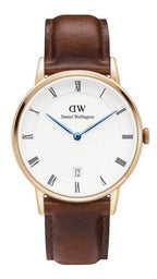 Daniel Wellington Dapper St Mawes 38mm White Dial Brown Genuine Leather Gold Date Watch - DW00100091