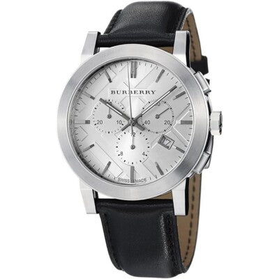 Burberry The City Large Chronograph Herenhorloge met zilveren wijzerplaat en zwarte leren band BU9355 Hoofdafbeelding
