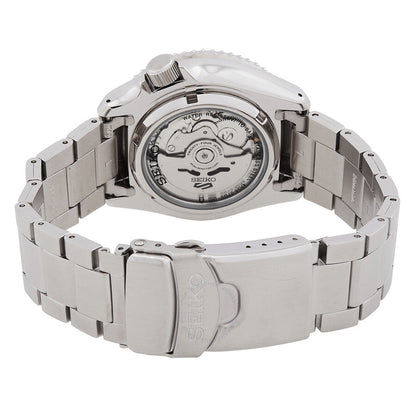 Seiko 5 Sports caseback showing automatic movement visible through transparent display case
