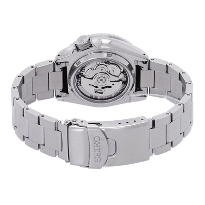 Seiko 5 Sports SRPD55K1 caseback showing automatic movement through transparent display