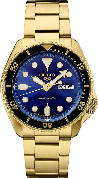 Seiko 5 Sports SRPK20 gold automatic watch with blue dial and day-date window
